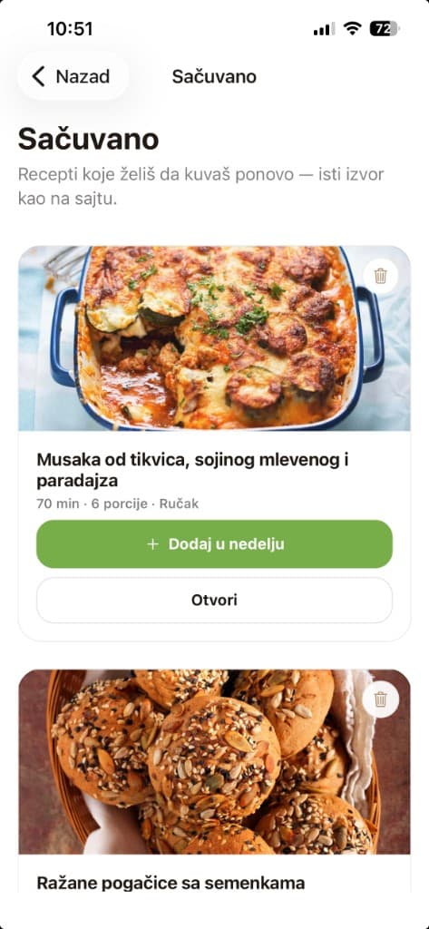 NUKUS sačuvani recepti, mobilni prikaz