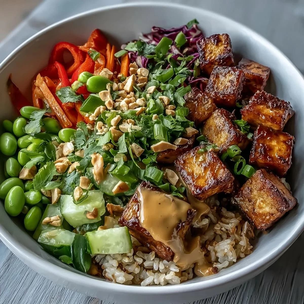 Tofu sa pirinčem, kikirikijem i grilovanim povrćem