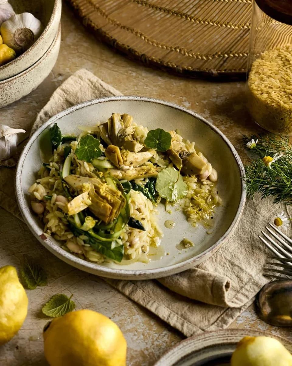 Orzo sa artičokama, graškom i belim pasuljem
