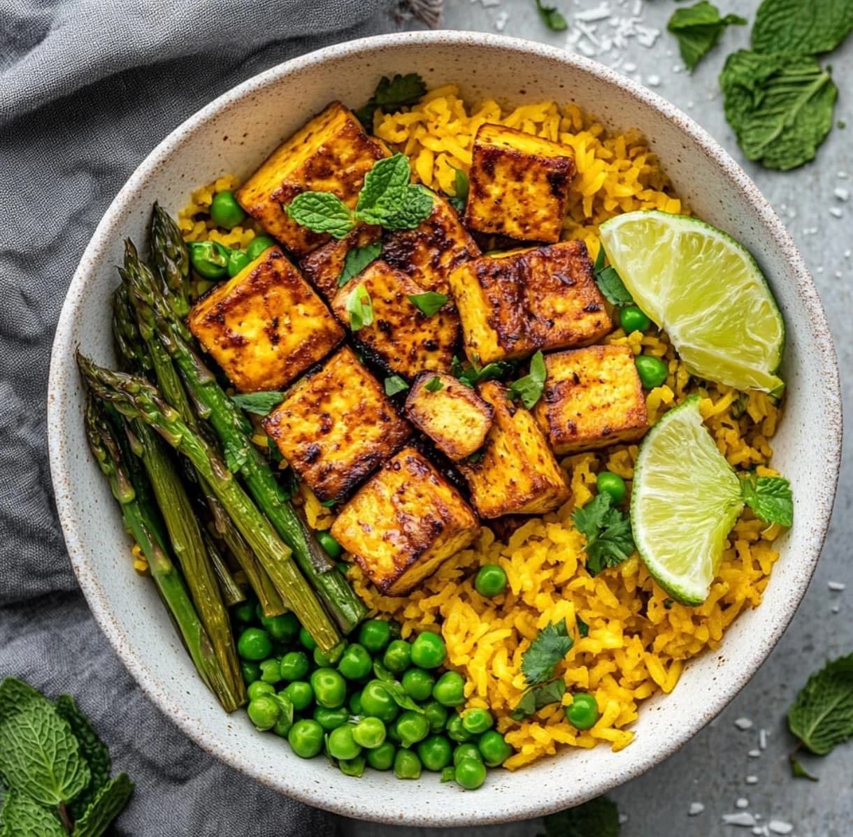 Tofu na pari sa šparglom i graškom
